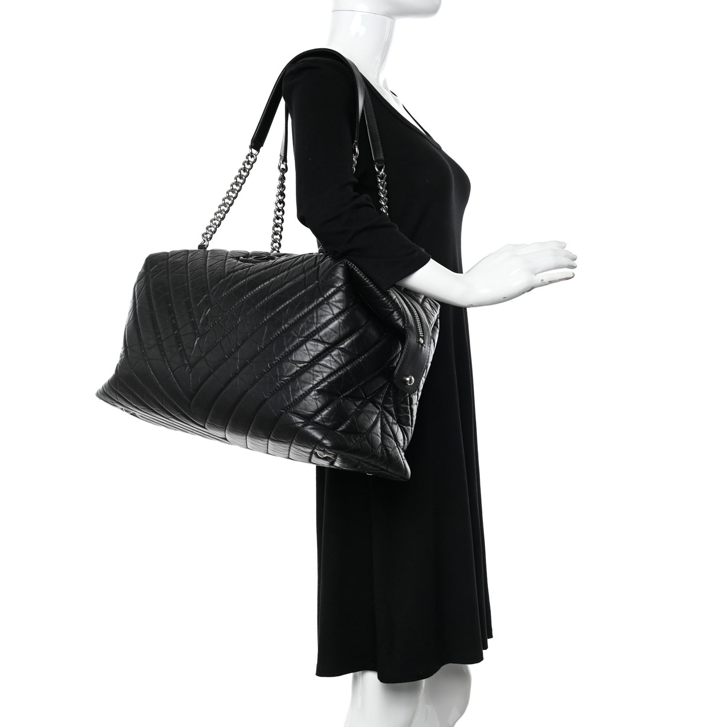Aged Calfskin Chevron Quilted Duffle Bag Black
