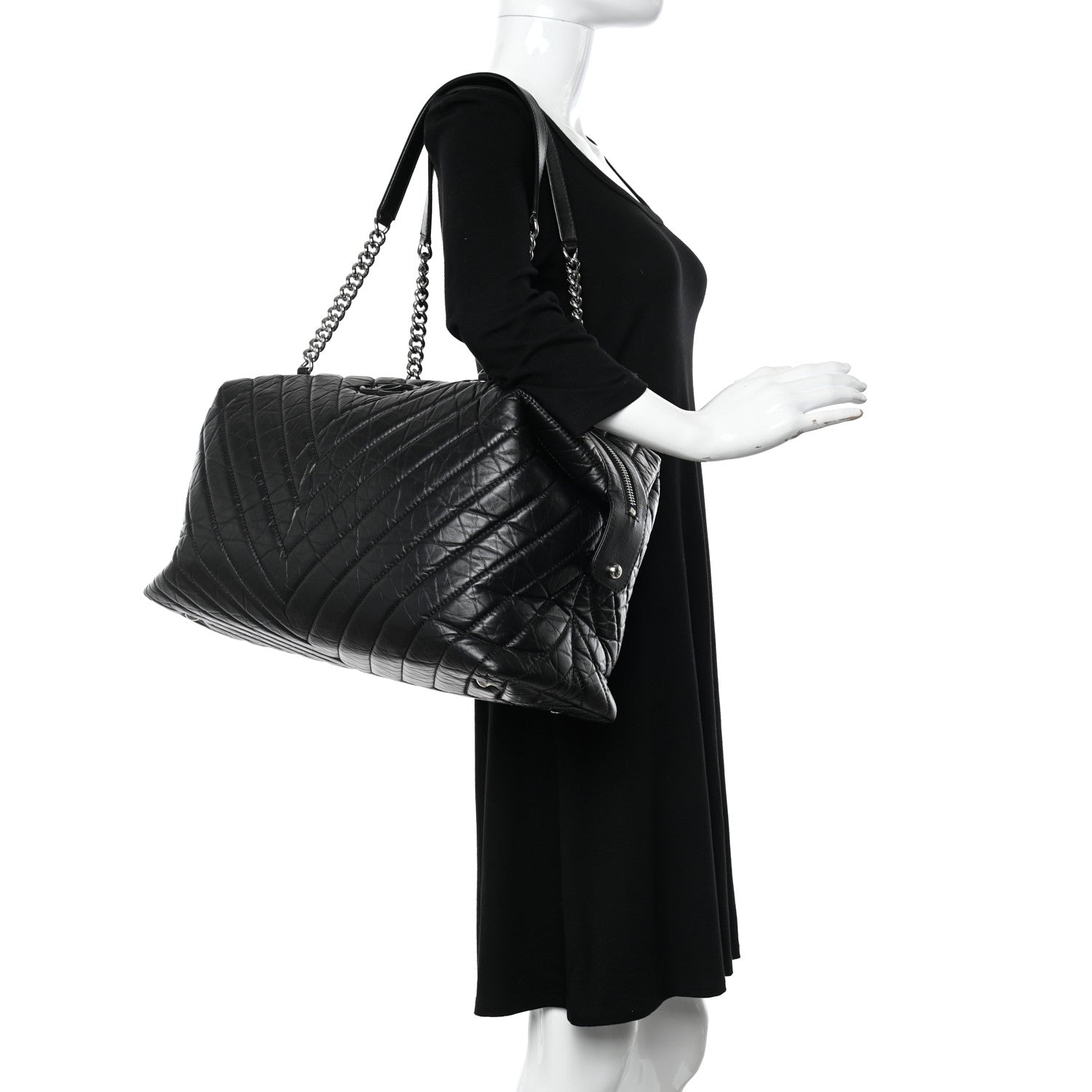 Chanel Aged Calfskin Chevron Quilted Duffle Bag Black 2 of 10