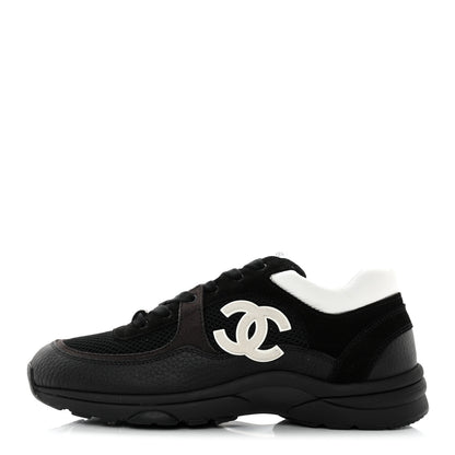 Chanel Mesh Suede Grained Calfskin Womens CC Sneakers 39.5 Black White 1 of 12