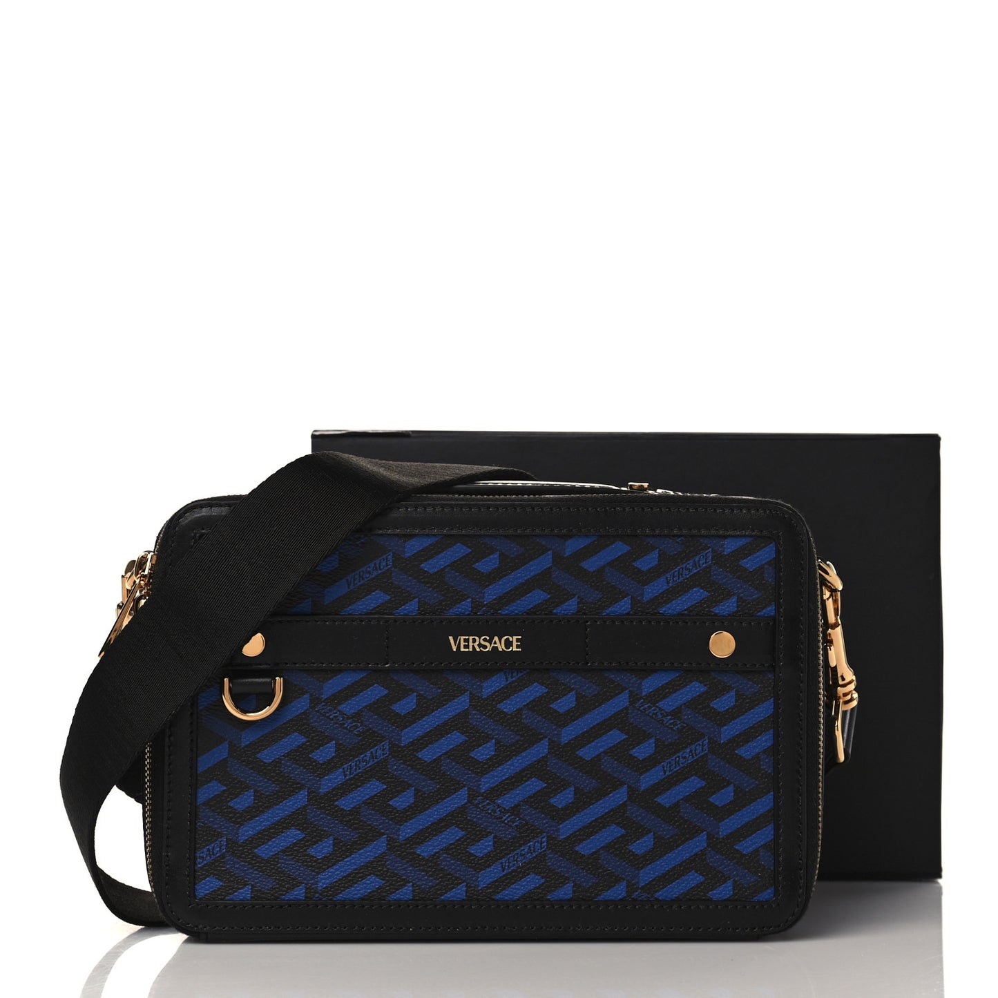 Coated Canvas La Greca Signature Messenger Bag Black Blue
