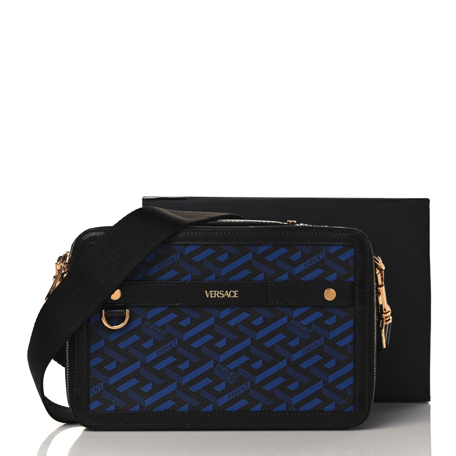Versace Coated Canvas La Greca Signature Messenger Bag Black Blue 9 of 9