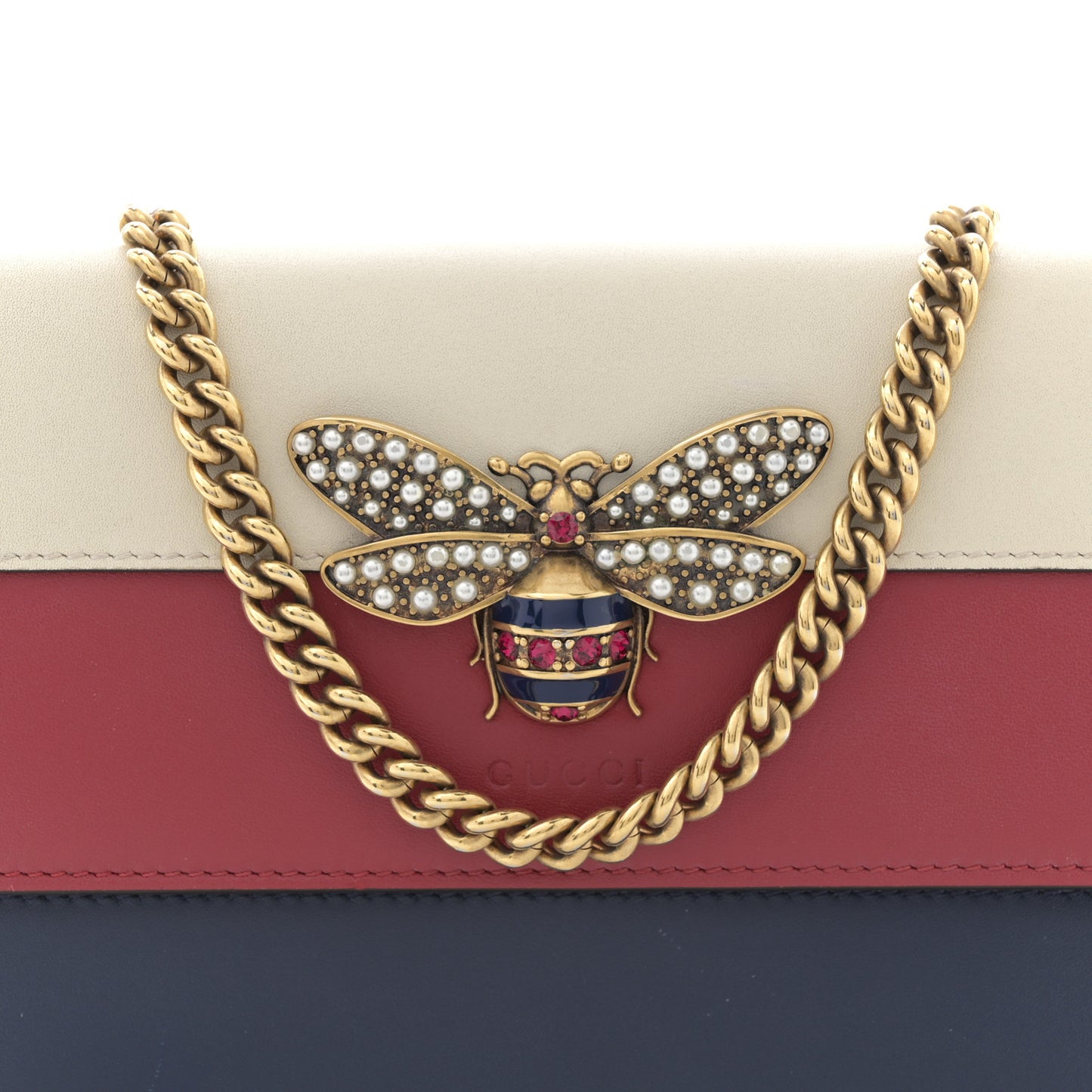 Calfskin Queen Margaret Chain Wallet Blue Agata Hibiscus Red Mystic White
