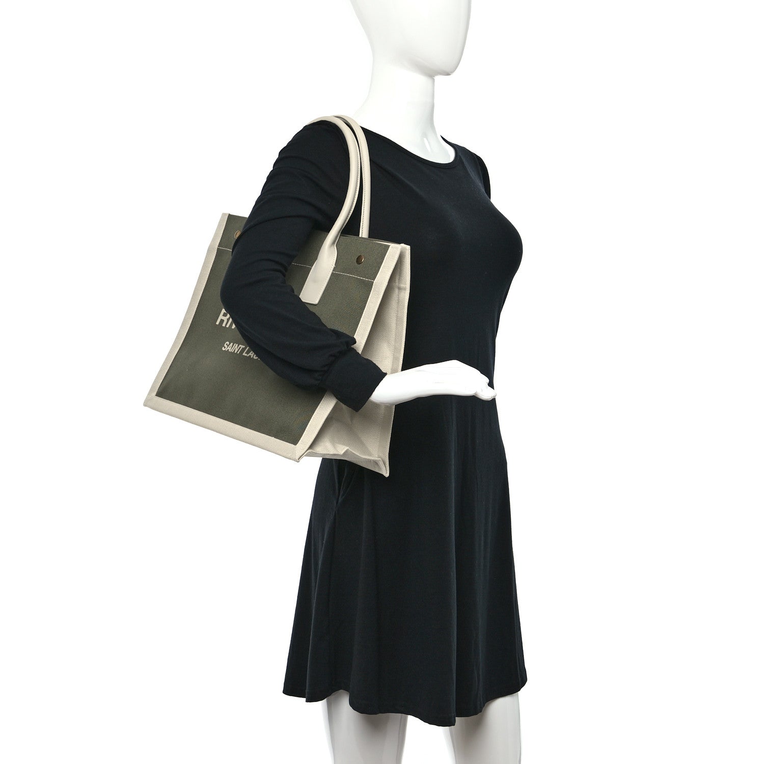 Saint Laurent Linen Calfskin Small Rive Gauche Tote Military Green Blanc Vintage 2 of 9
