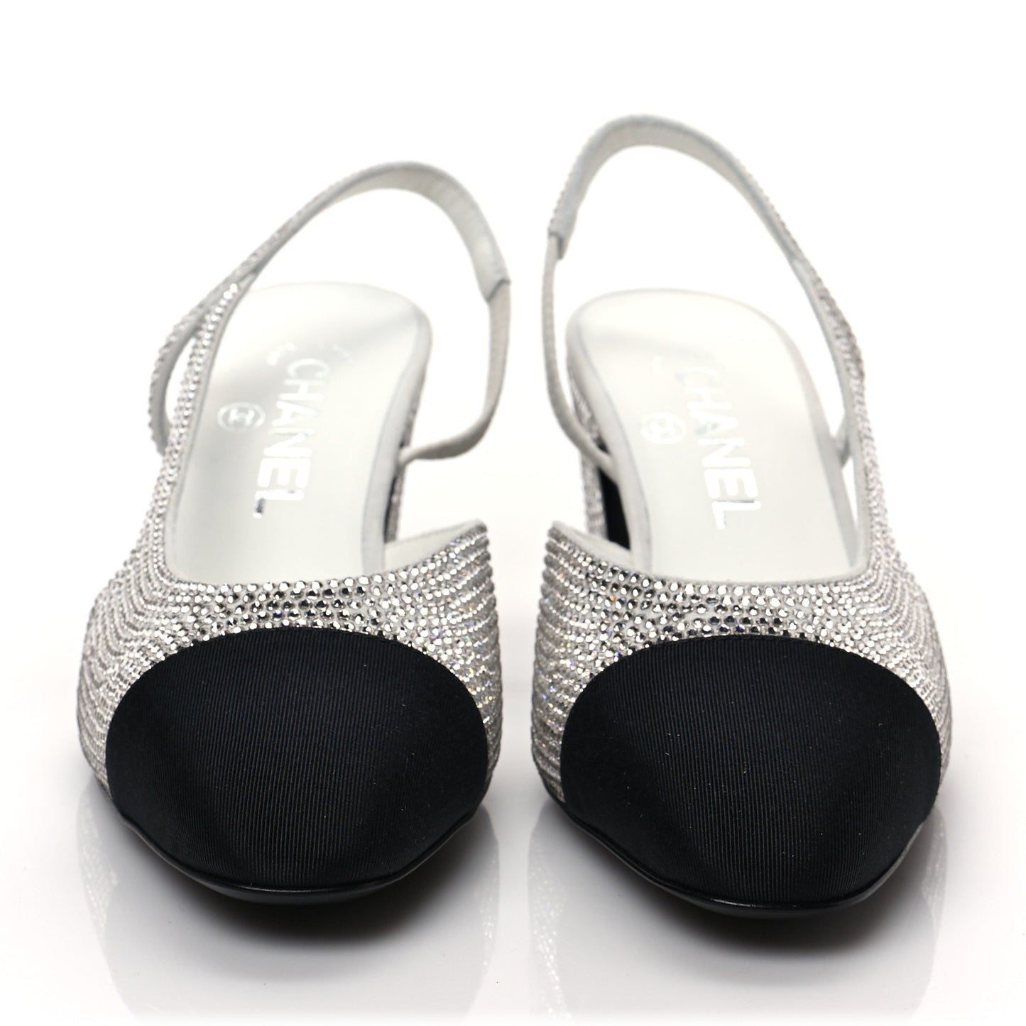 Strass Grosgrain Cap Toe CC Slingback Pumps 37 Silver Black