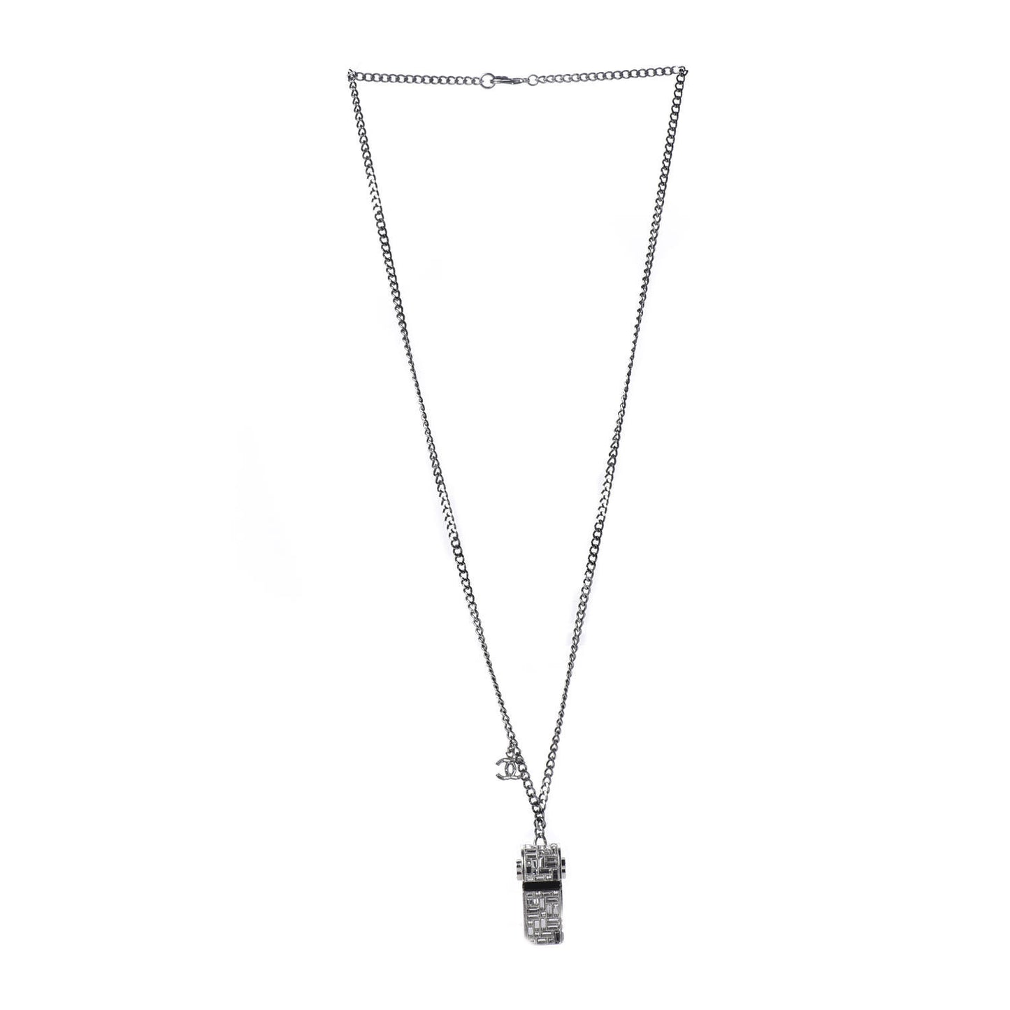 Crystal Baguette CC Whistle Pendant Necklace Silver