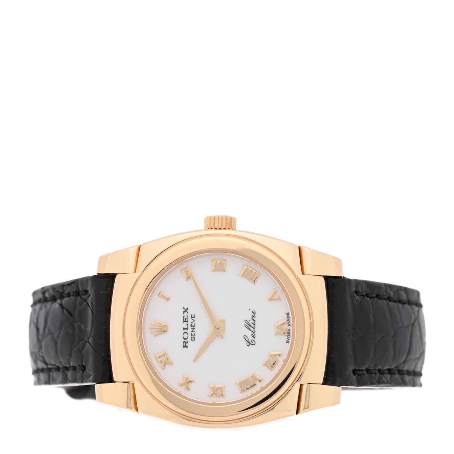 18K Yellow Gold Alligator 26mm Cellini Manual Winding Watch White 5310