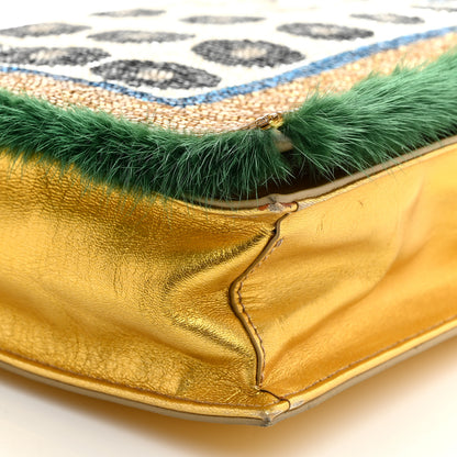 Fendi Metallic Calfskin Beaded Mink Studded Daisy Clutch Gold Multicolor 9 of 10