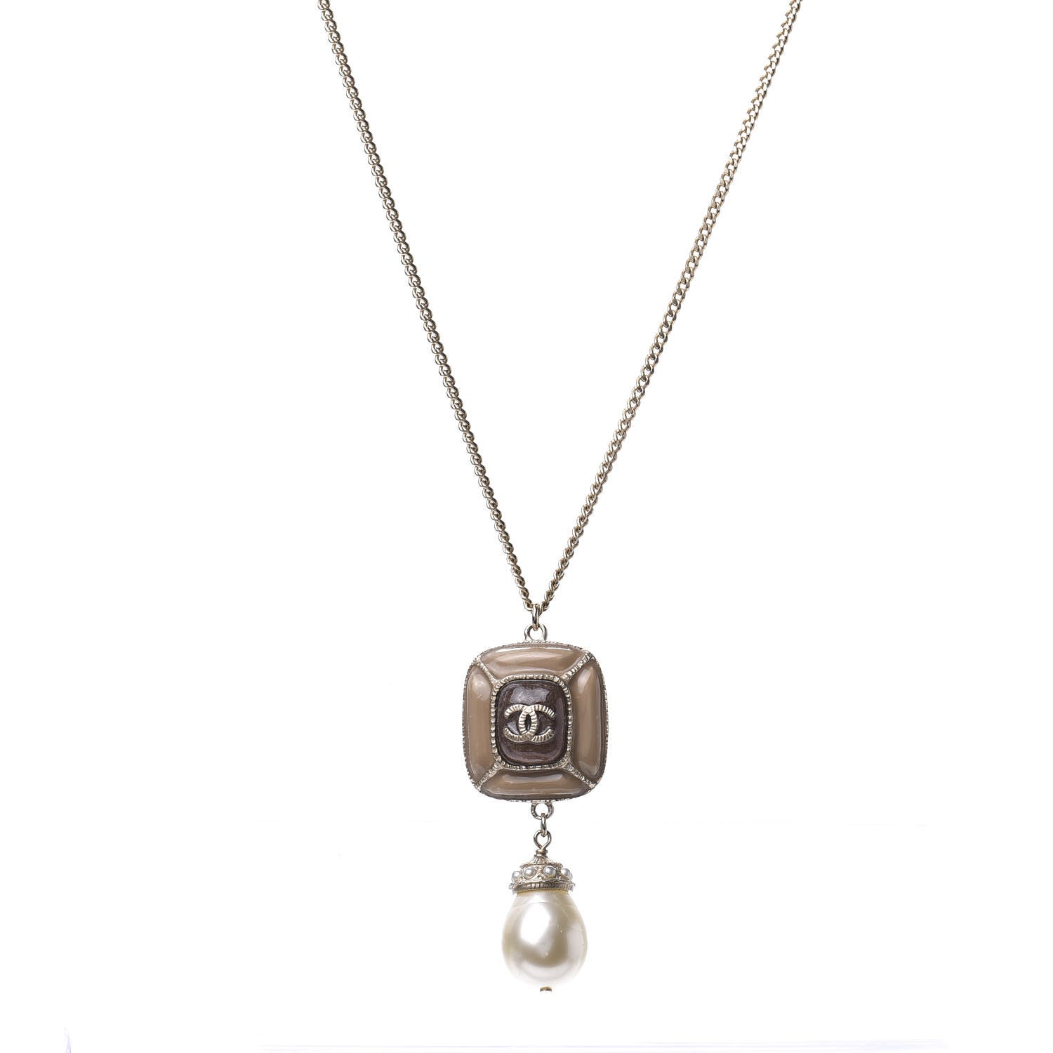 Chanel Enamel Pearl CC Pendant Necklace Light Gold 1 of 4
