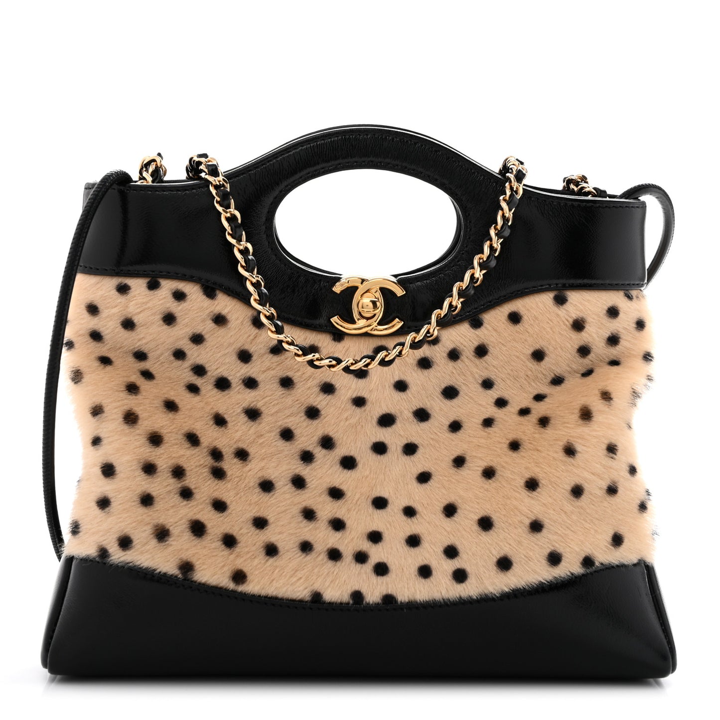 Shiny Lambskin Pony Hair Cheetah Printed Mini 31 Shopping Bag Light Beige Black