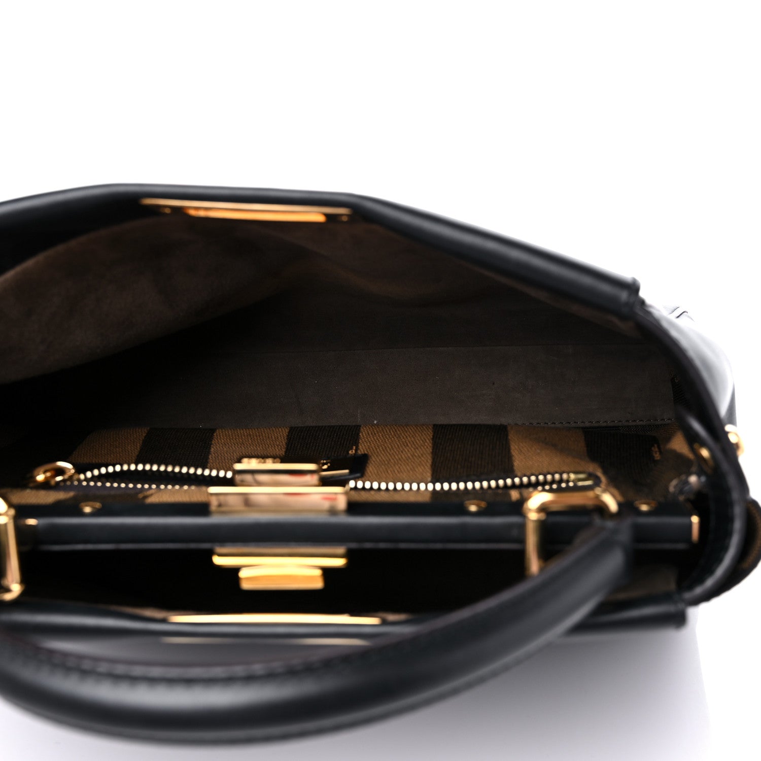 Fendi Vitello Morgan Fabric Jacquard Pequin Medium Peekaboo Iconic Satchel Black Tobacco 5 of 15