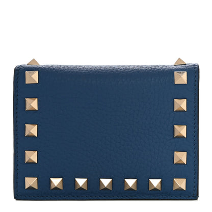 Valentino Garavani Pebbled Calfskin Rockstud French Flap Wallet Baltique 1 of 12