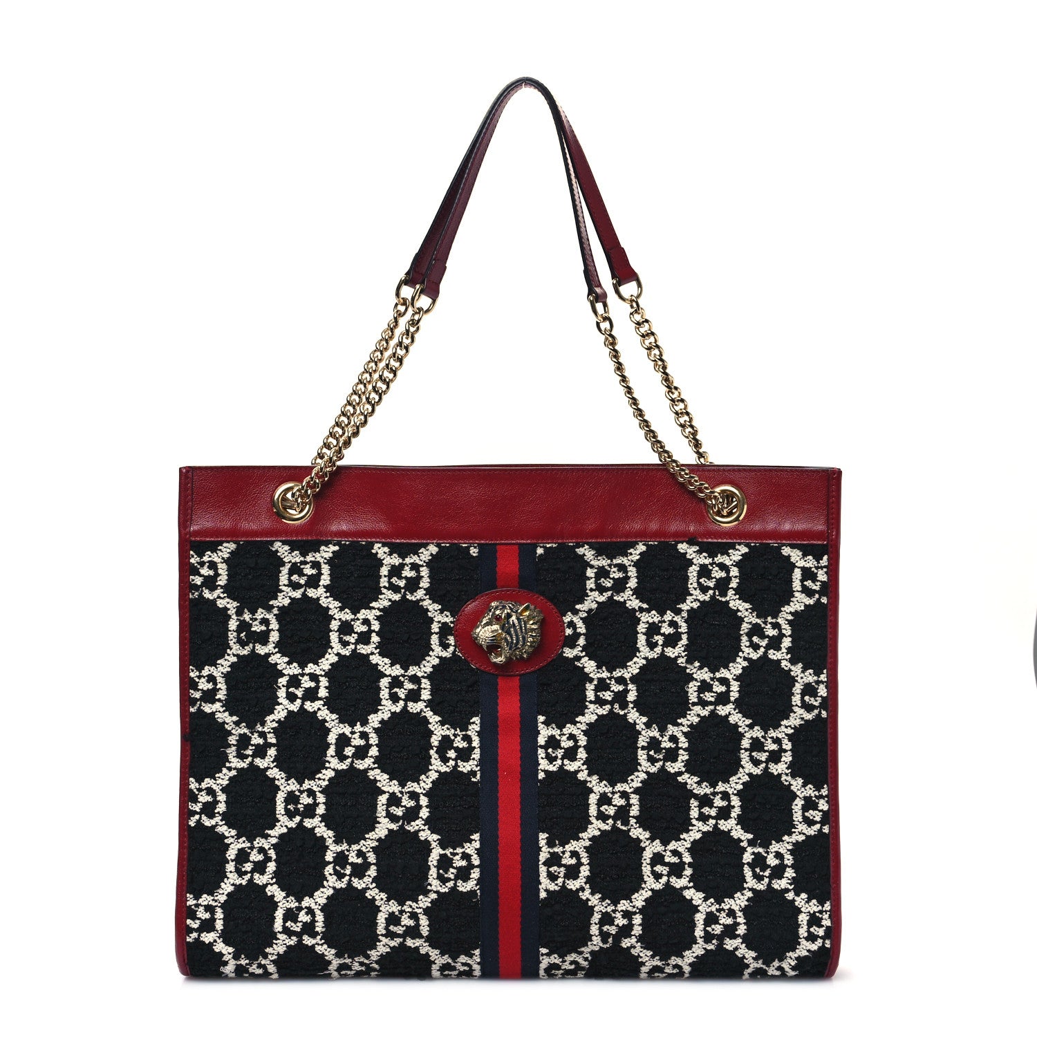Gucci Tweed GG Monogram Large Rajah Chain Tote Romantic Cherry Black White 1 of 12