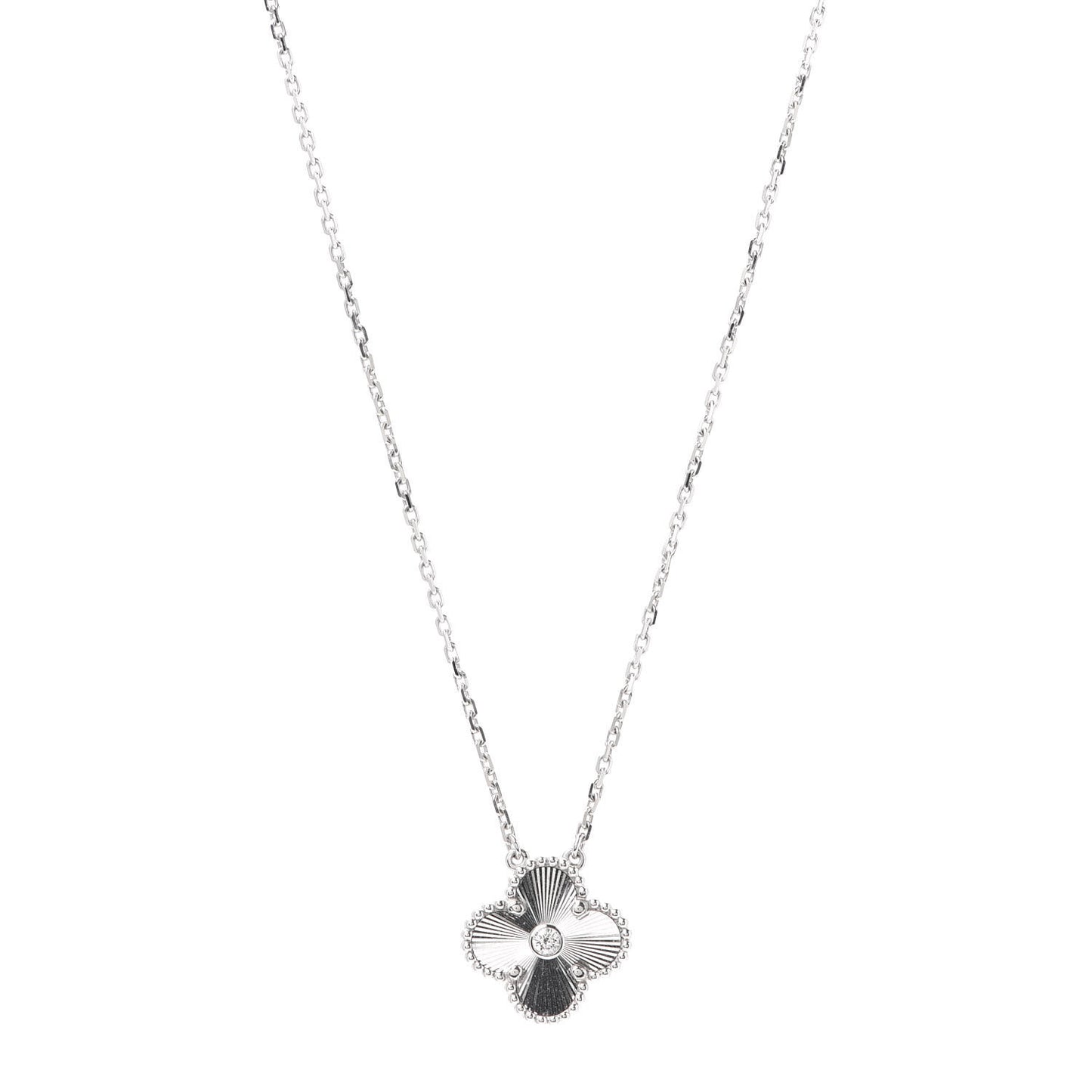 18K White Gold Diamond Guilloche Vintage Alhambra Pendant Necklace