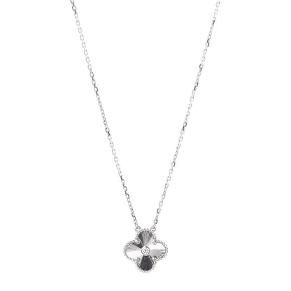 Van Cleef & Arpels 18K White Gold Diamond Guilloche Vintage Alhambra Pendant Necklace 1 of 8