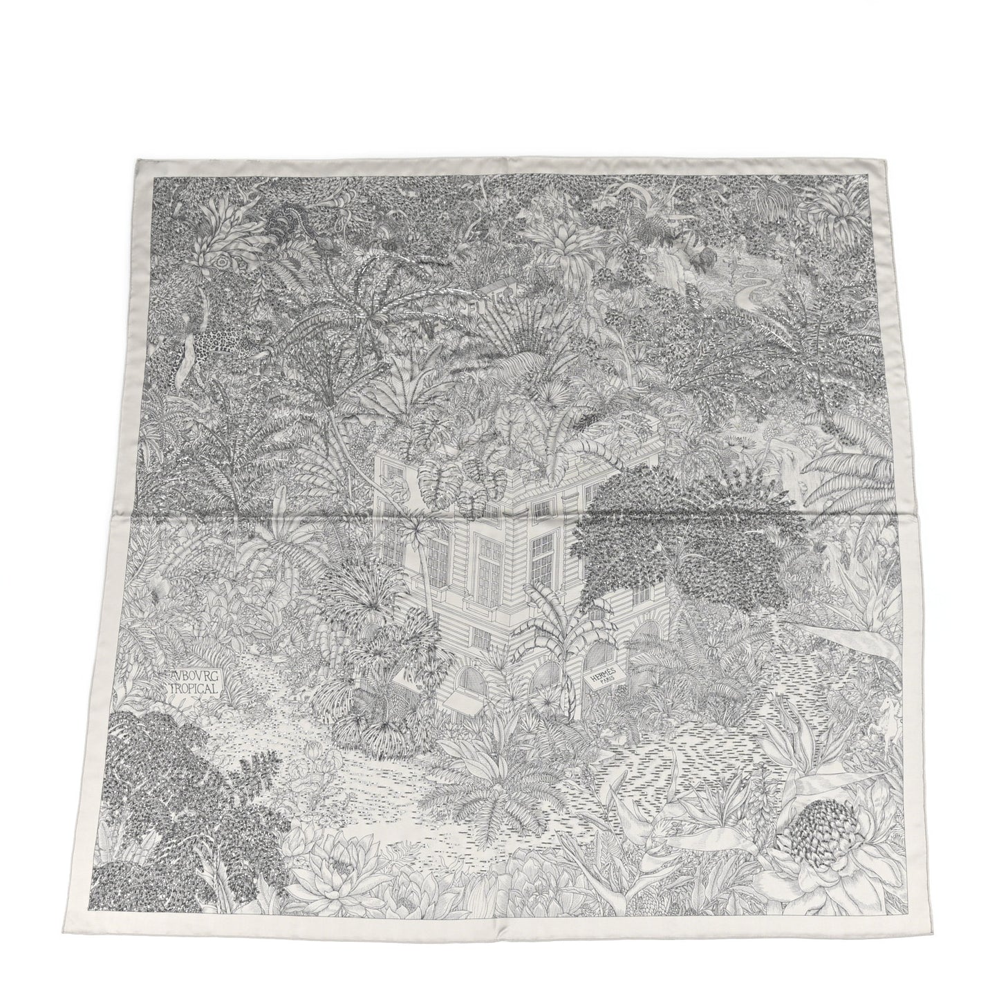 Silk Embroidered Faubourg Tropical Eclat Scarf 90 Argent Anthracite Or