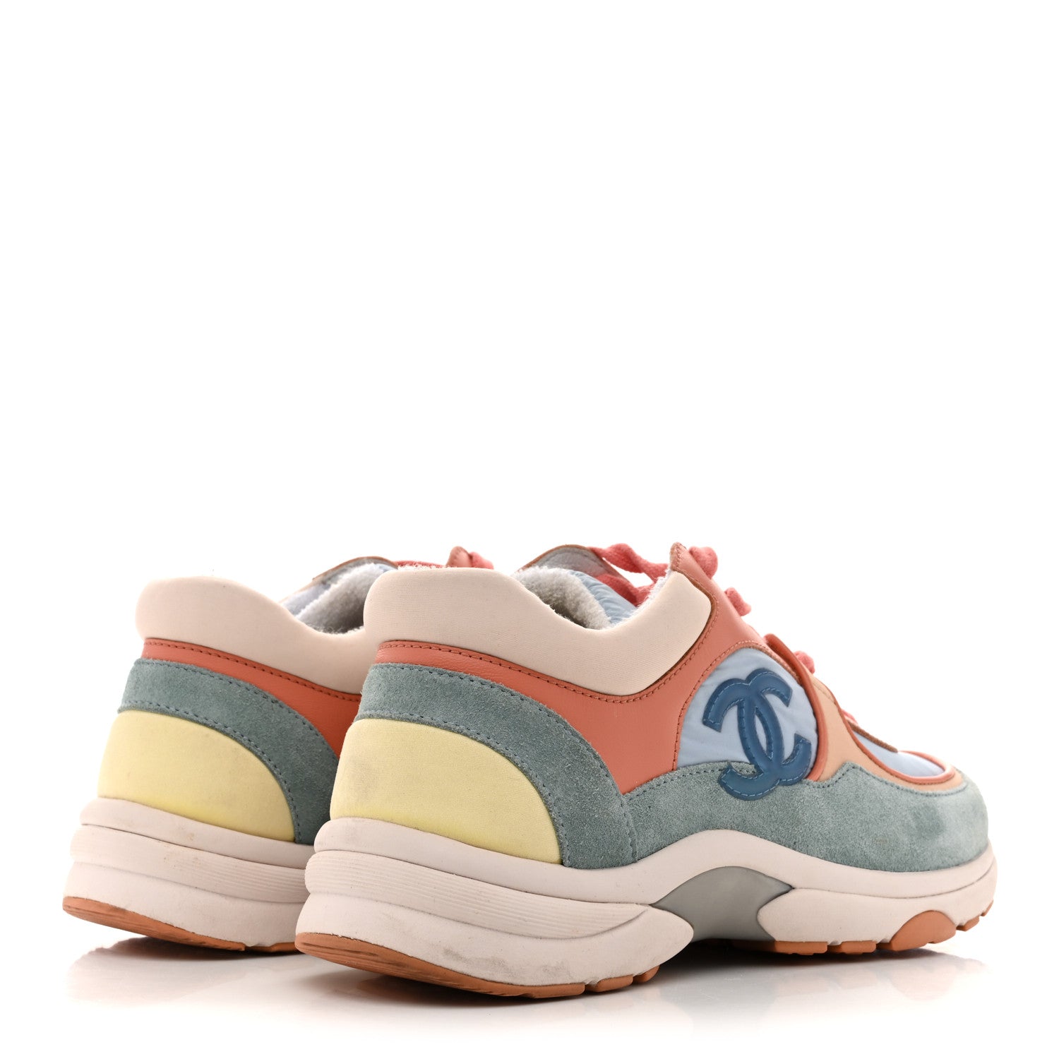Chanel Nylon Lambskin Suede Calfskin CC Sneakers 35 Coral Light Blue White 5 of 12