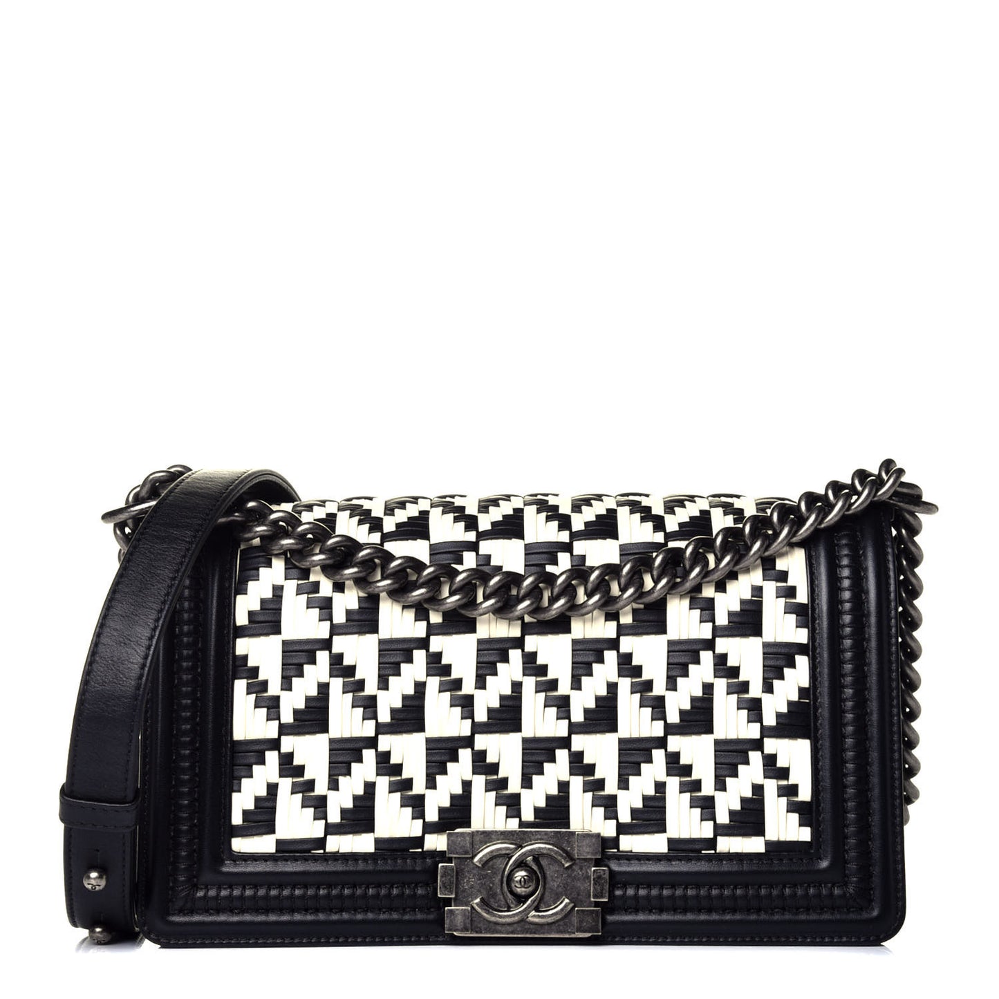 Calfskin Woven Medium Boy Flap Black White