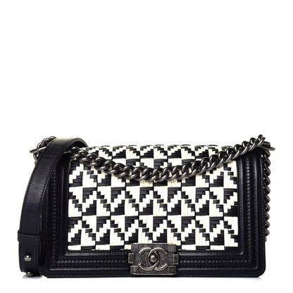 Chanel Calfskin Woven Medium Boy Flap Black White 1 of 10