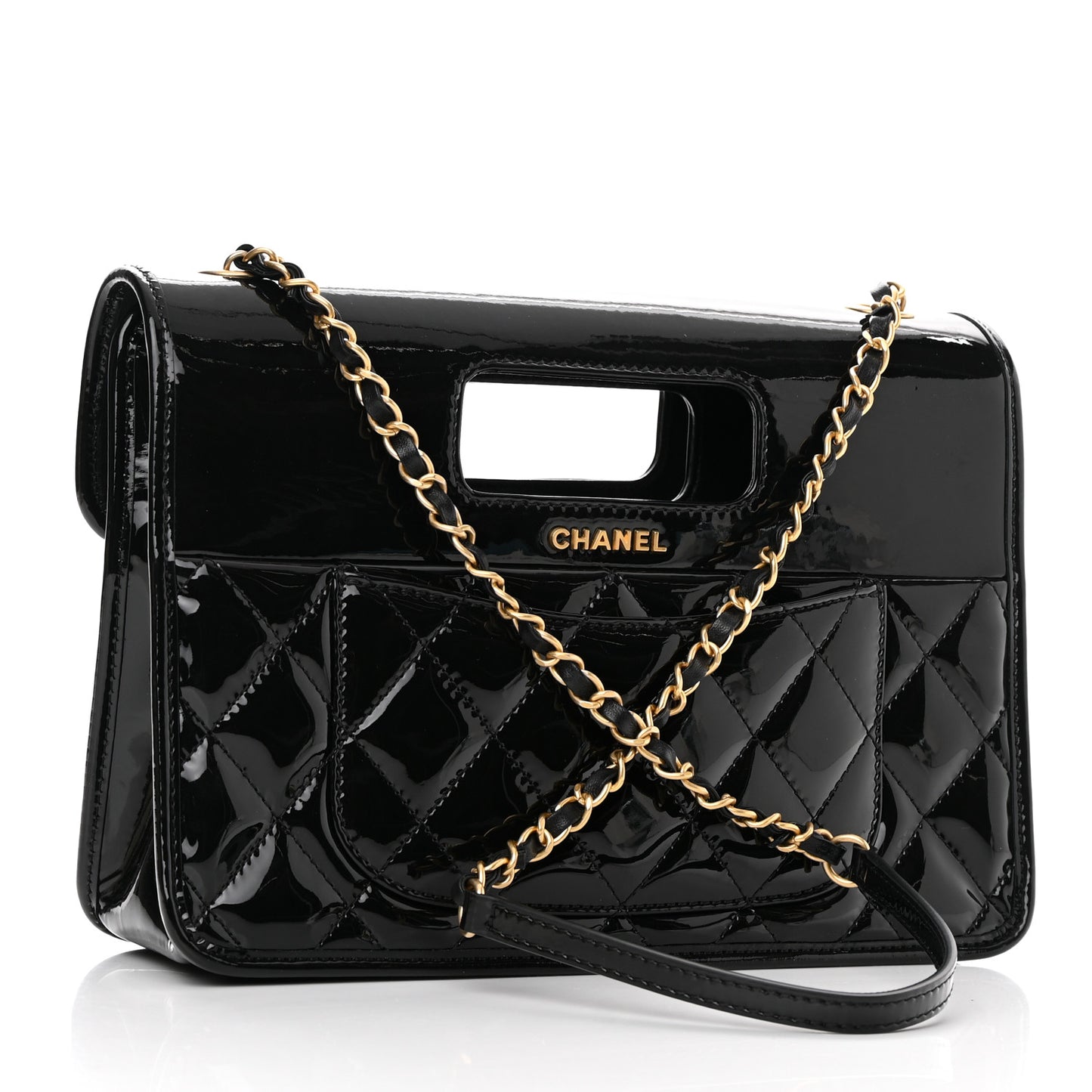 Patent Quilted Graphic Catch Flap Black
