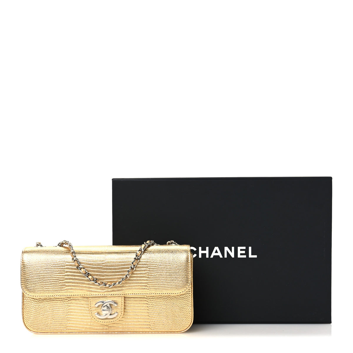 Chanel Metallic Calfskin Lizard Embossed Small East West Flap Gold 12 of 12