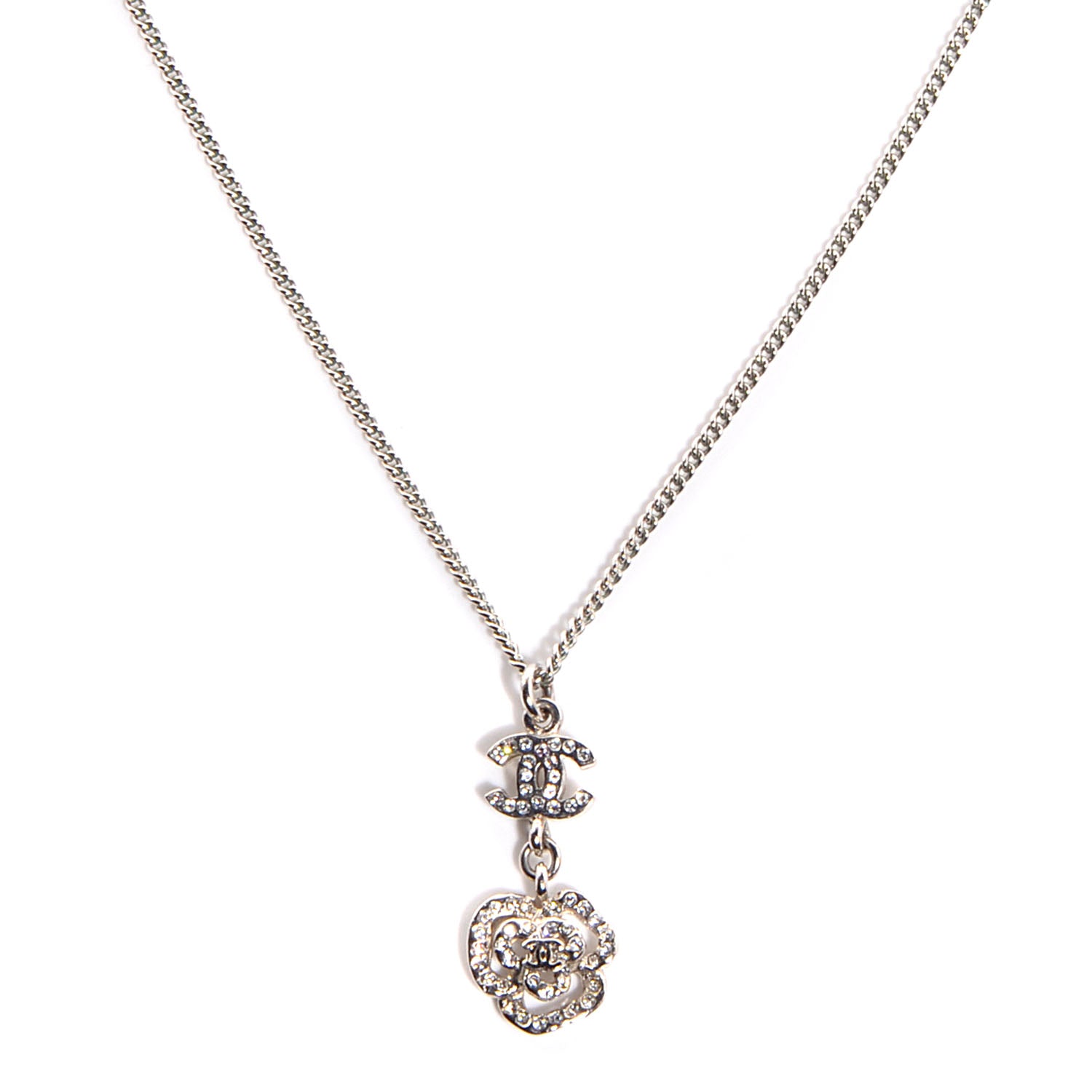 Chanel Crystal CC Camellia Necklace Silver 1 of 6