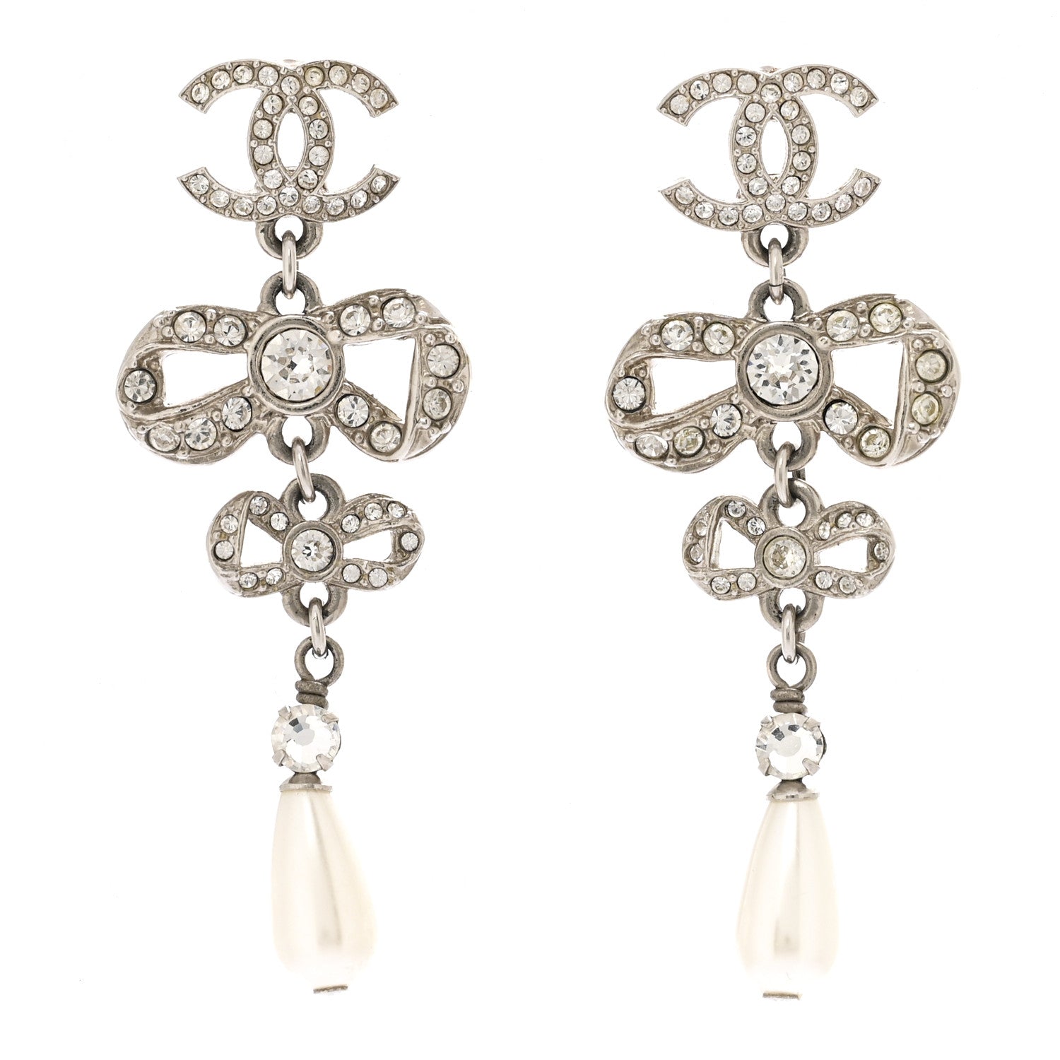 Chanel Crystal Pearl CC Bow Drop Earrings Gold 1 of 5