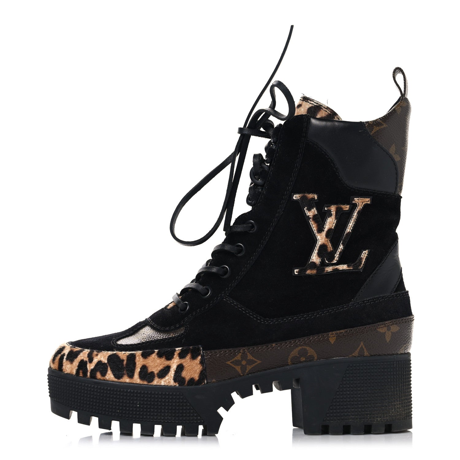 Louis Vuitton Suede Calfskin Monogram Calf Hair Laureate Platform Desert Boots 37.5 Black 1 of 8