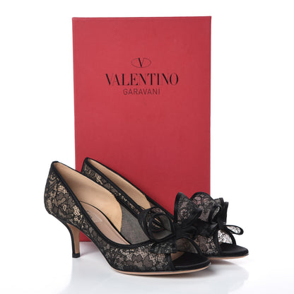 Valentino Garavani Satin Lace Couture Bow Peep Toe Low Heel Pumps 37.5 Black 8 of 8