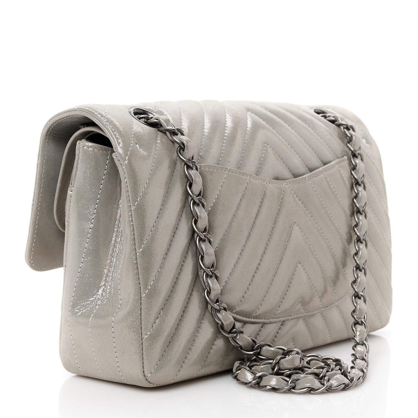 Iridescent Calfskin Chevron Quilted Medium Double Flap Silver
