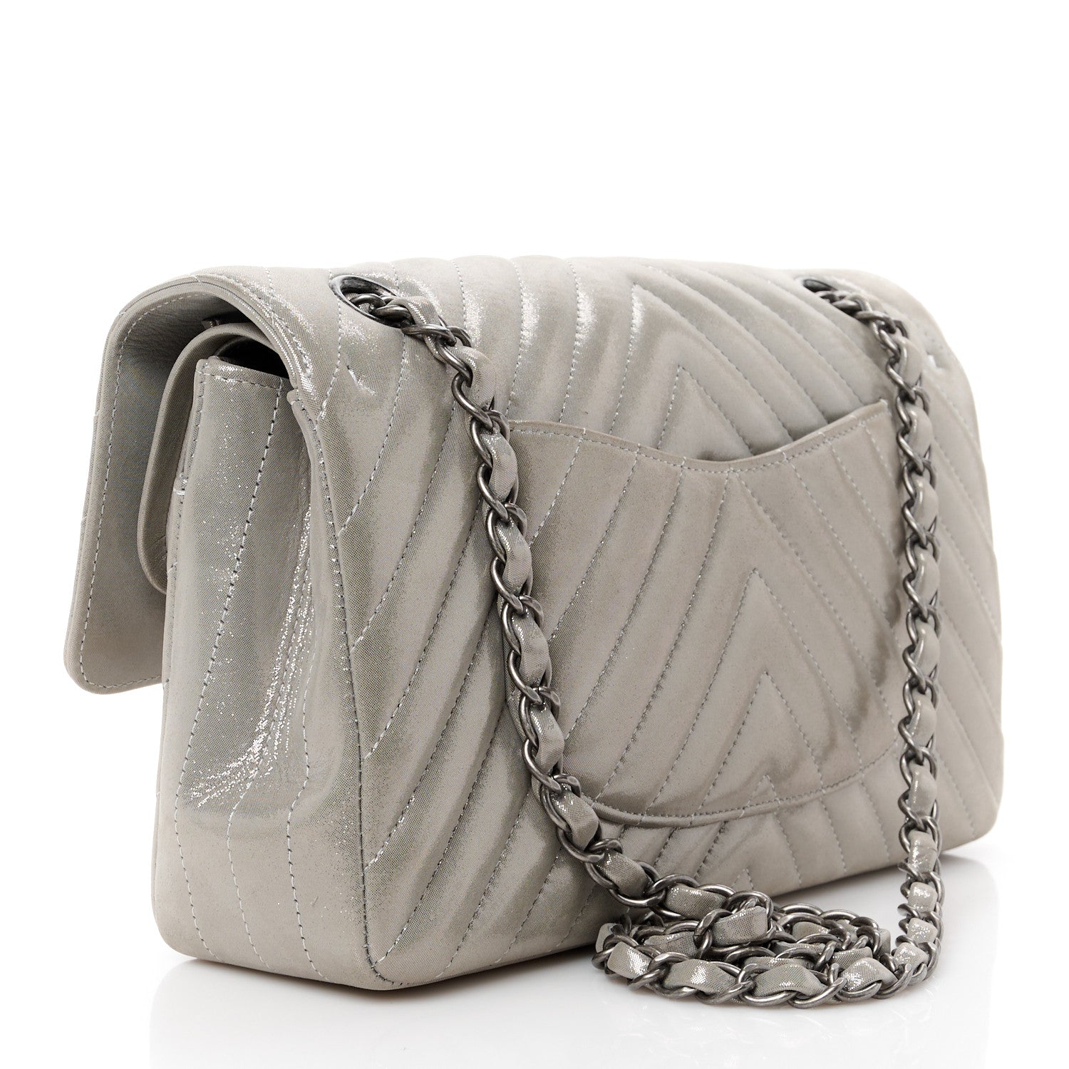 Chanel Iridescent Calfskin Chevron Quilted Medium Double Flap Silver 3 of 13