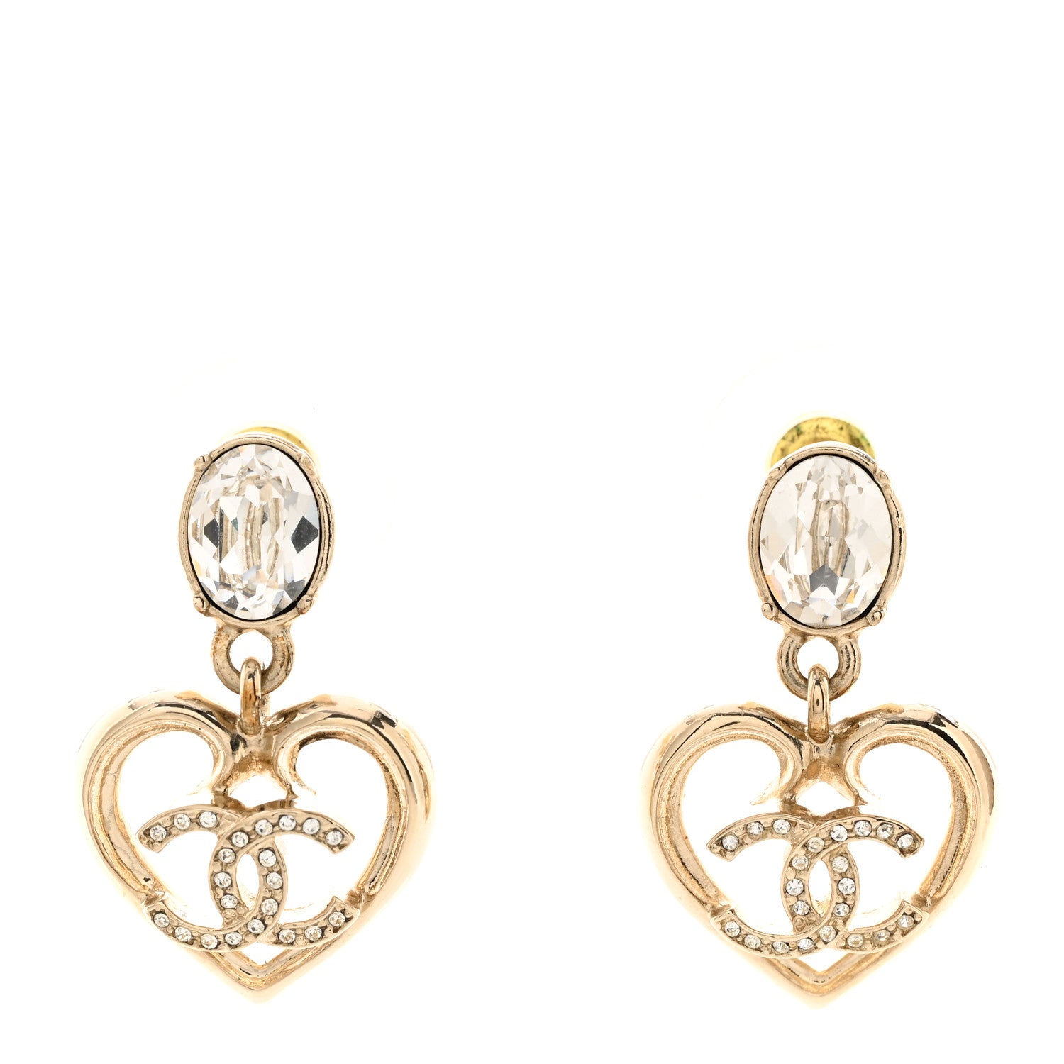 Chanel Metal Crystal CC Heart Drop Earrings Gold 1 of 5