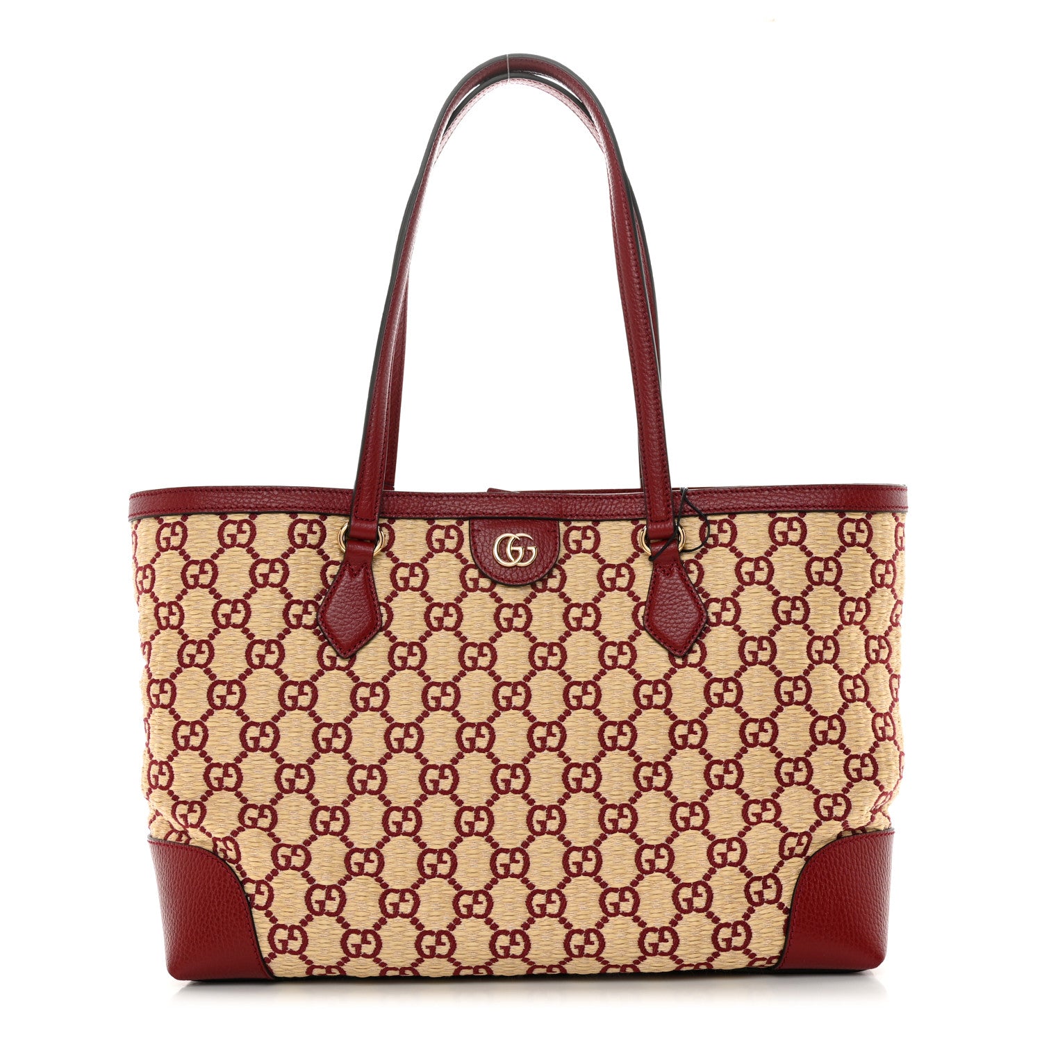 Gucci Straw Jacquard Dollar Calfskin GG Monogram Medium Ophidia Shopping Tote Natural New Cherry Red 1 of 10