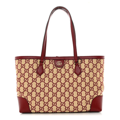 Gucci Straw Jacquard Dollar Calfskin GG Monogram Medium Ophidia Shopping Tote Natural New Cherry Red 1 of 10