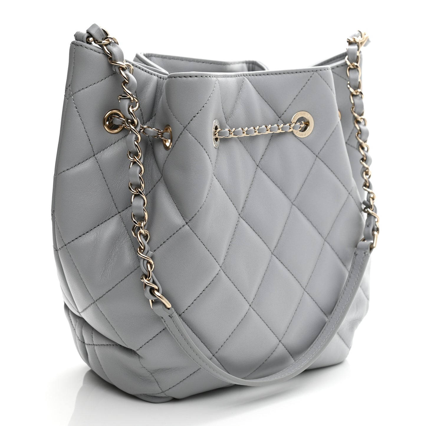 Lambskin Quilted CC Dweller Drawstring Bucket Bag Light Grey