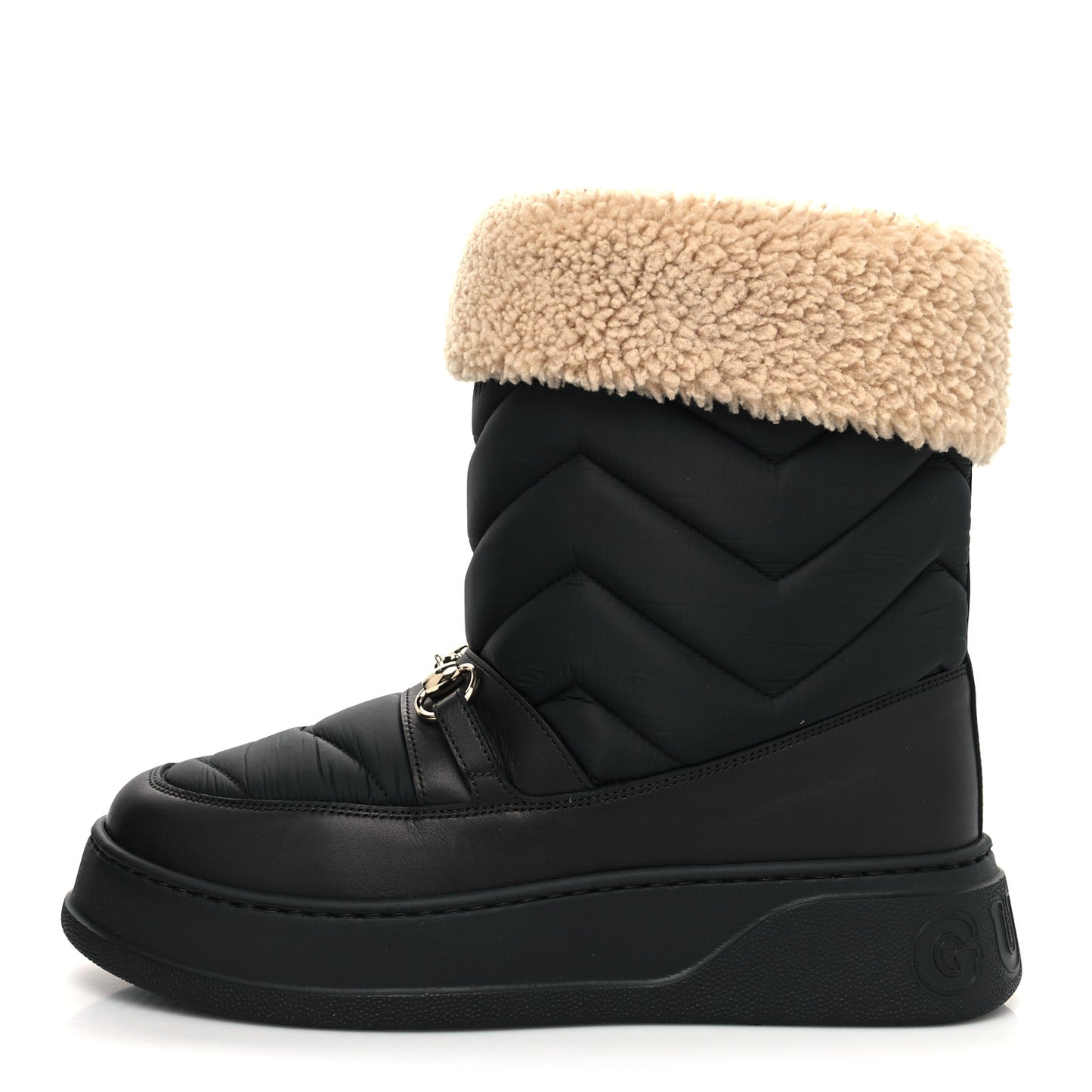 Nylon Quebec Calfskin Wool Chevron Quilted Mens Horsebit Snow Boots 8 Black Butterscotch