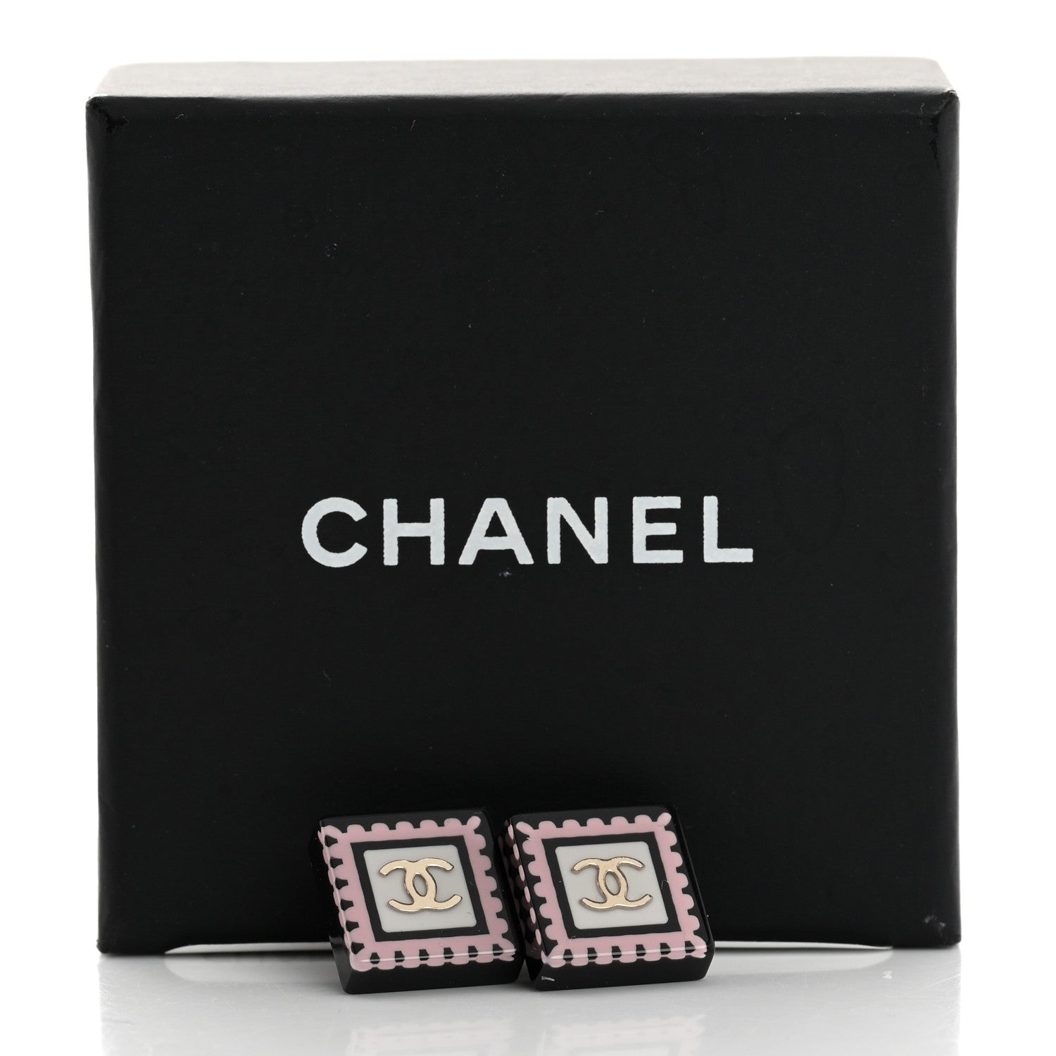 Chanel Resin CC Square Earrings Black Pink White 5 of 5