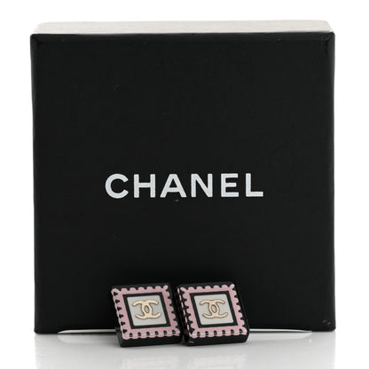 Chanel Resin CC Square Earrings Black Pink White 5 of 5