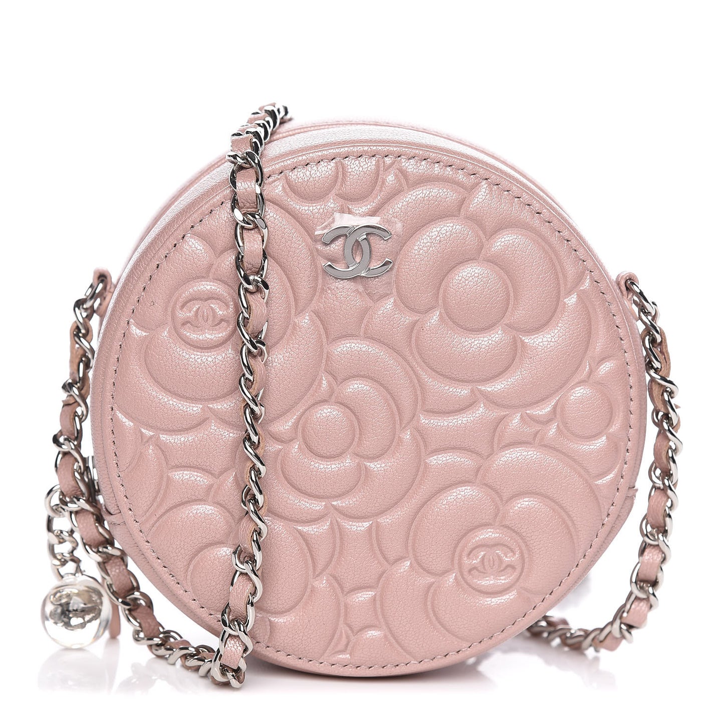 Lambskin Camellia Quilted Round Clutch With Chain Light Pink