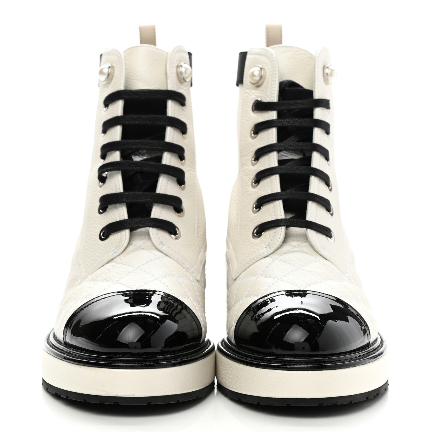 Pearly Calfskin Patent Calfskin Quilted Lace Up Boots 35 White Light Gray Black