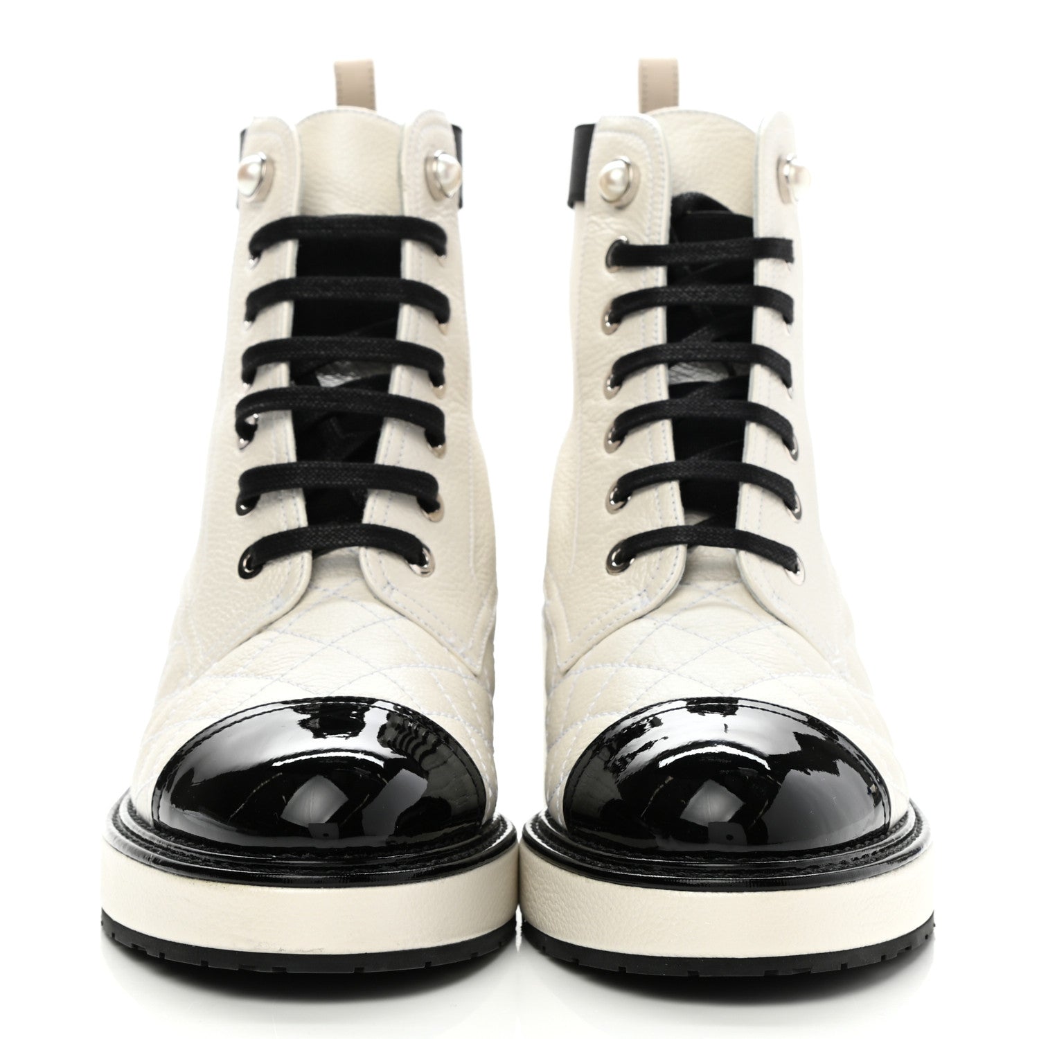 Chanel Pearly Calfskin Patent Calfskin Quilted Lace Up Boots 35 White Light Gray Black 2 of 9
