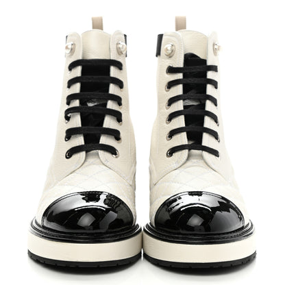 Chanel Pearly Calfskin Patent Calfskin Quilted Lace Up Boots 35 White Light Gray Black 2 of 9