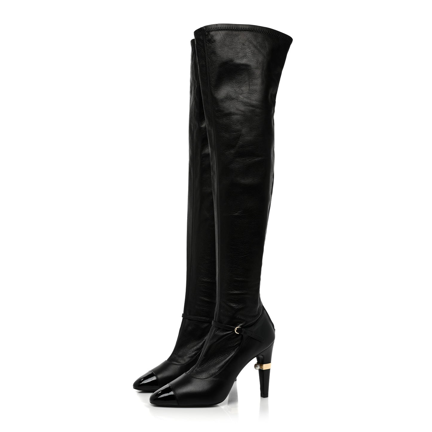 Calfskin Patent Cap Toe Pearl High Boots 38.5 Black