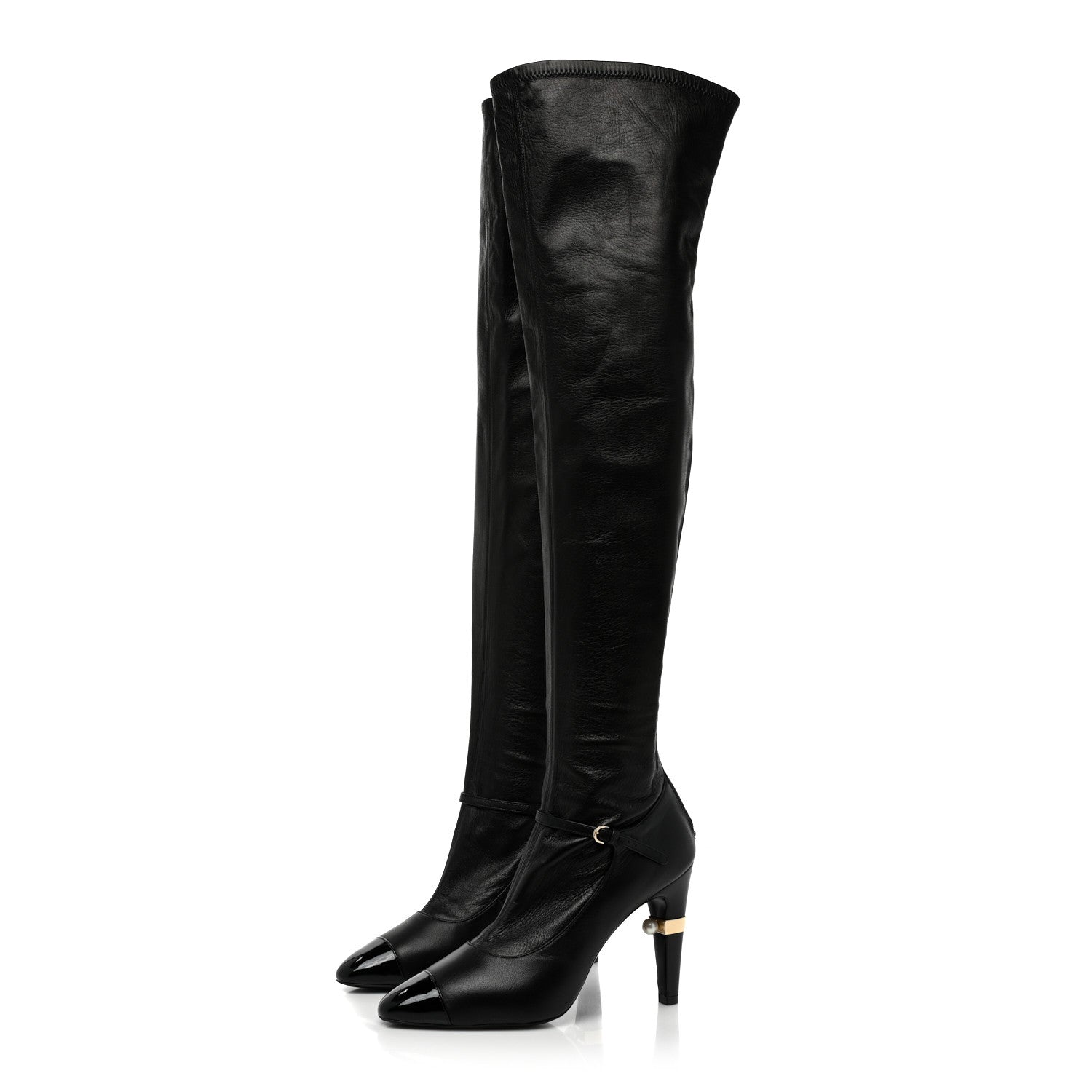 Chanel Calfskin Patent Cap Toe Pearl High Boots 38.5 Black 3 of 9