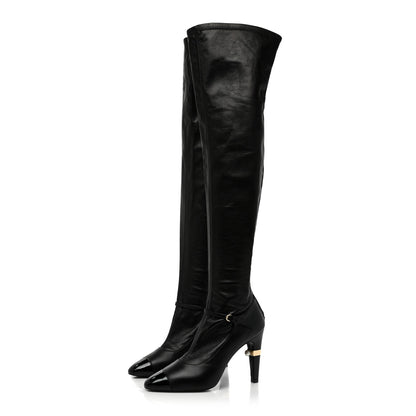 Chanel Calfskin Patent Cap Toe Pearl High Boots 38.5 Black 3 of 9