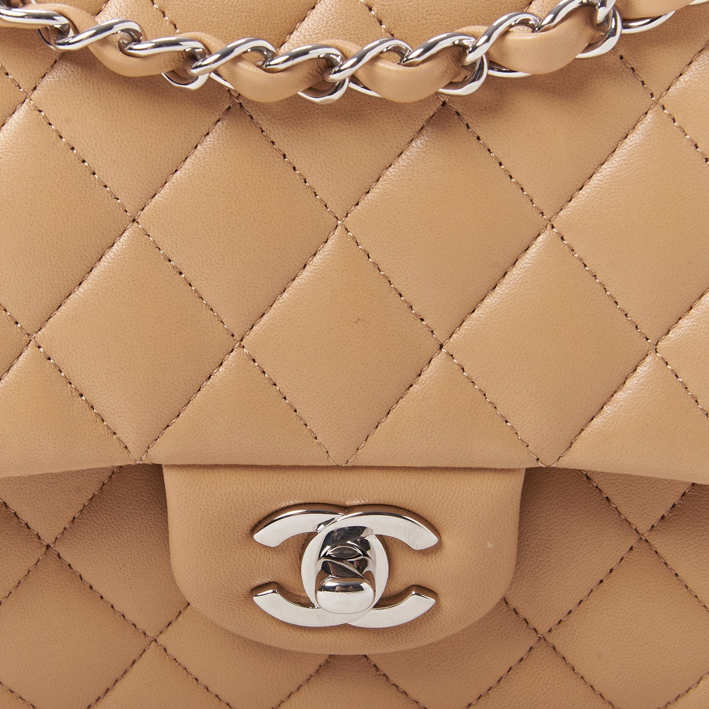Lambskin Quilted Medium Double Flap Beige