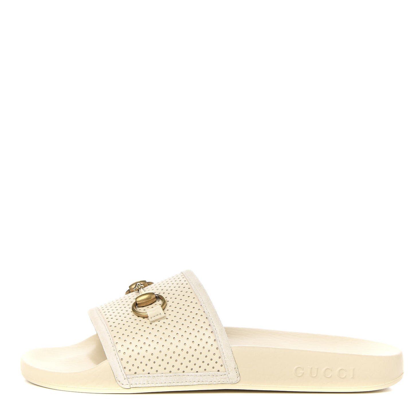 Suede Perforated Horsebit Slide Sandals 38 Ivory