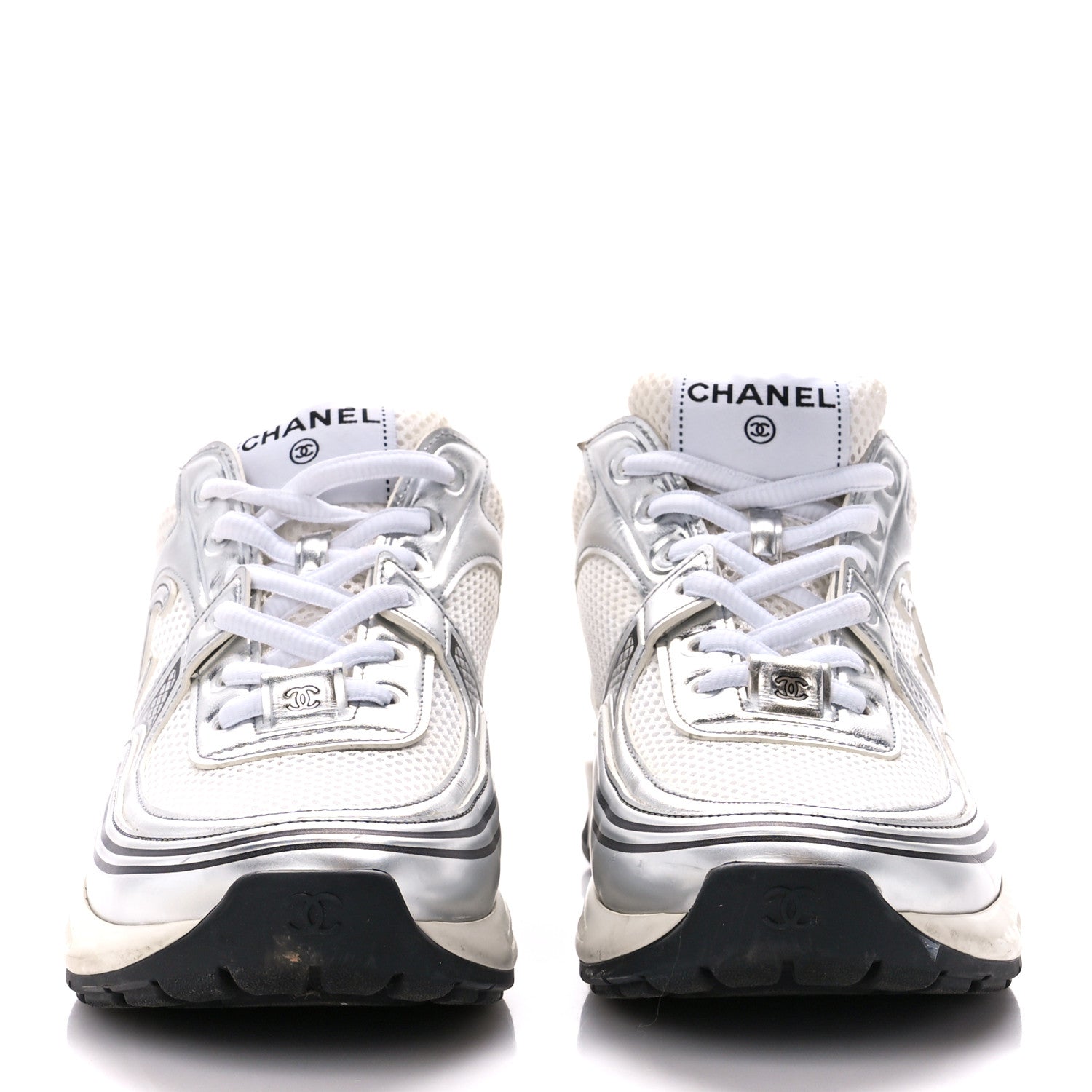 Chanel Fabric Laminated Calfskin Stretch CC Sneakers 39 White Silver 2 of 10