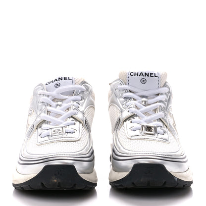 Chanel Fabric Laminated Calfskin Stretch CC Sneakers 39 White Silver 2 of 10