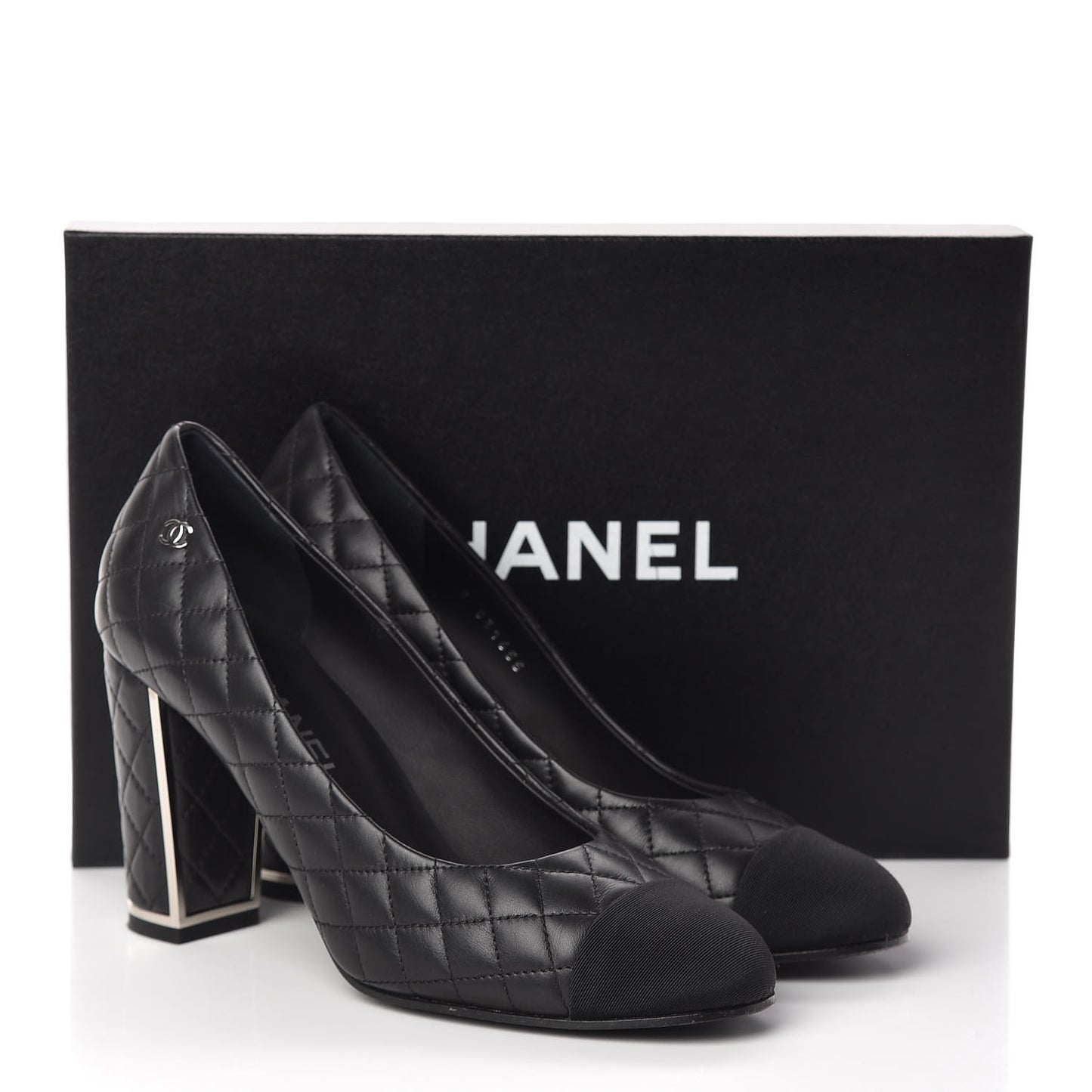 Lambskin Grosgrain Quilted Cap Toe CC Pumps 39 Black