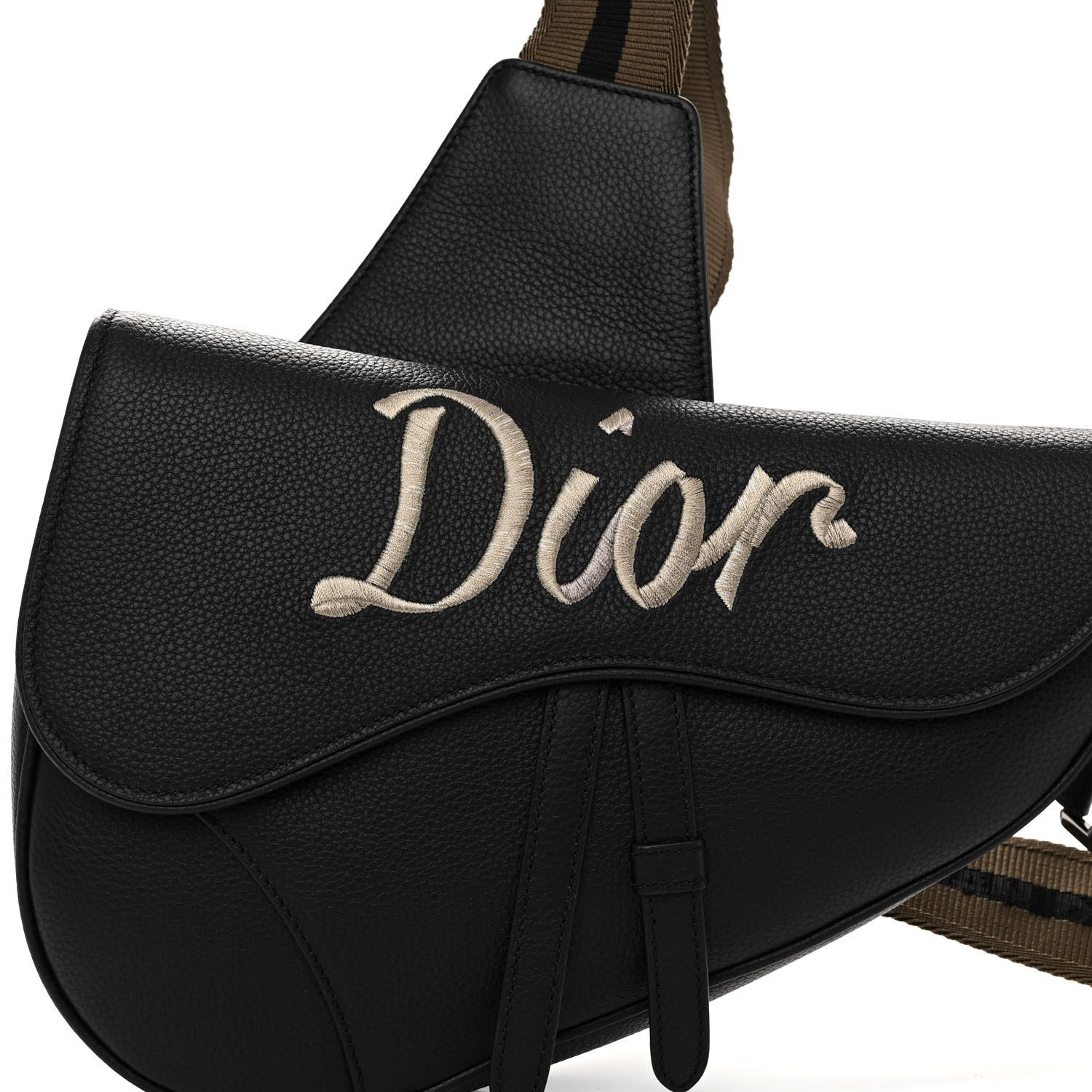 Christian Dior Grained Calfskin Logo Embroidered Saddle Messenger Bag Black 7 of 10